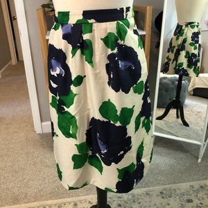Indigo, Green and Ivory Floral Silk Pencil Skirt